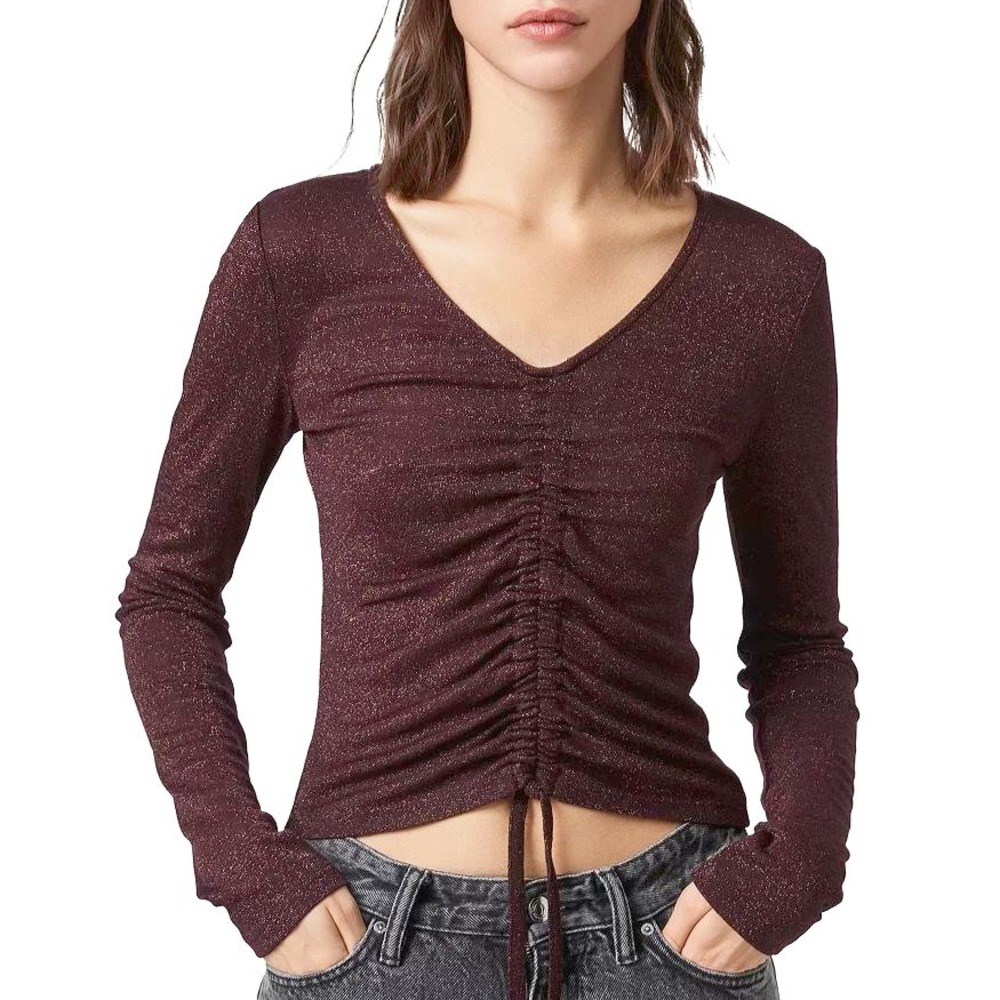 ALLSAINTS Rina Glitz Burgundy Metallic Ruched V Neck y2k Crop Top Blouse Shirt L